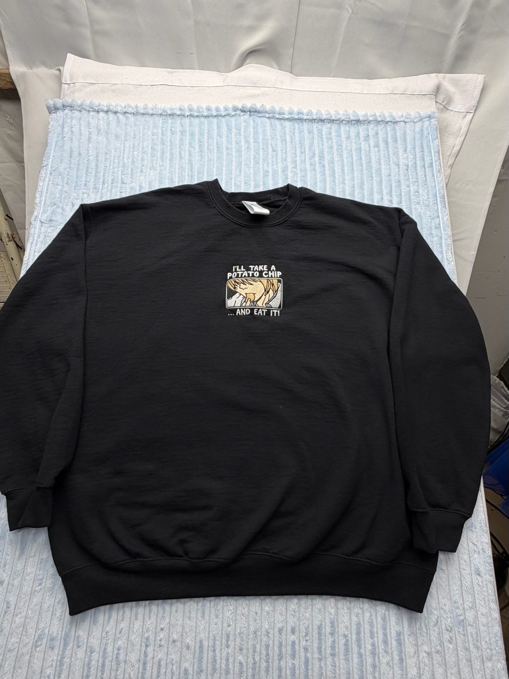 Black Graphic Crewneck Sweatshirt - Potato Chip Quote